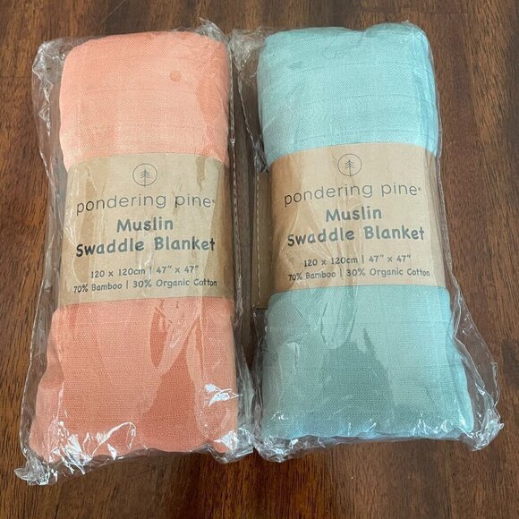 Pondering Pine Other - Pondering Pine Muslin Swaddle Blankets Set of 2 Blue Orange 47" x 47" Bamboo!
